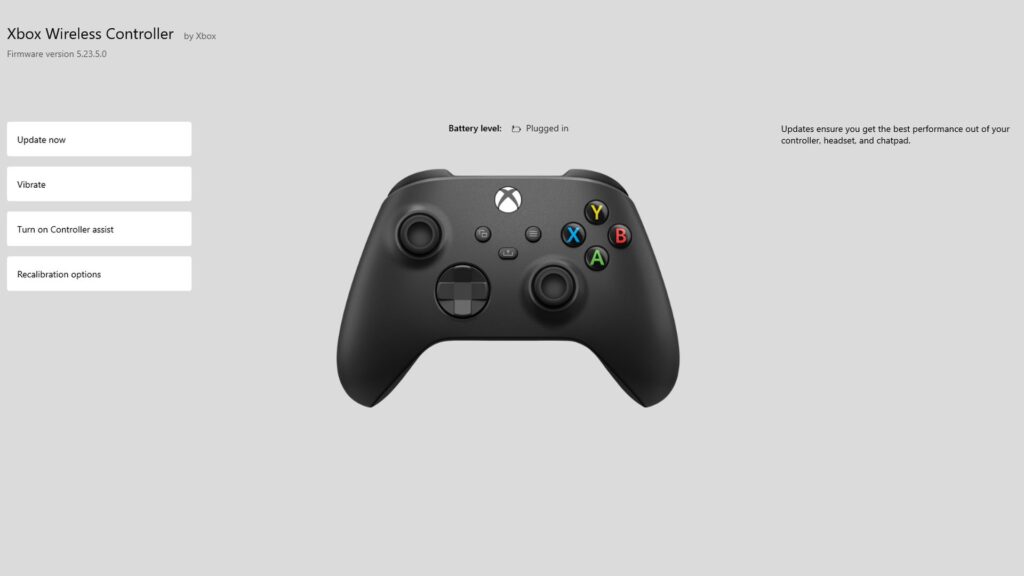 Xbox Wireless Controller receiving a firmware update on an Xbox console.