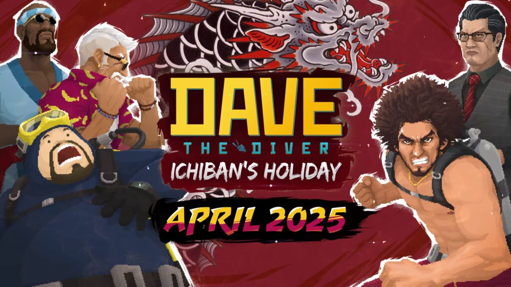 Dave the Diver Ichiban's Holiday DLC featuring Ichiban Kasuga underwater with fish and treasure chests.
