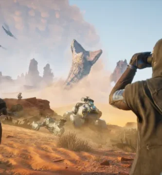 Dune: Awakening official artwork featuring Arrakis with a sandworm in the background.