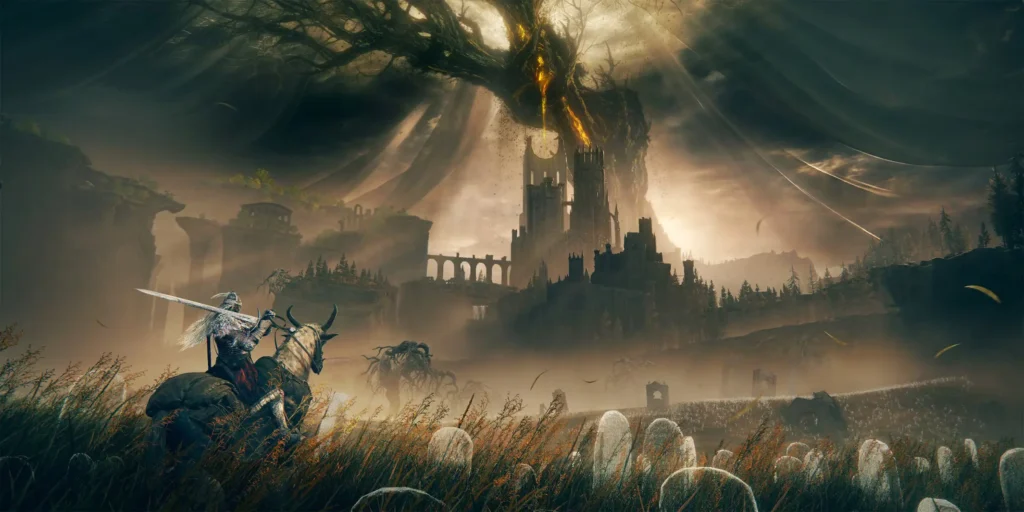 A dark fantasy landscape with a towering castle, inspired by Elden Ring’s world.