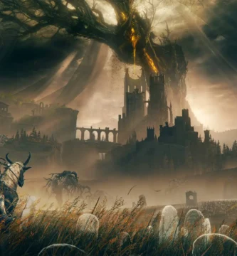 A dark fantasy landscape with a towering castle, inspired by Elden Ring’s world.