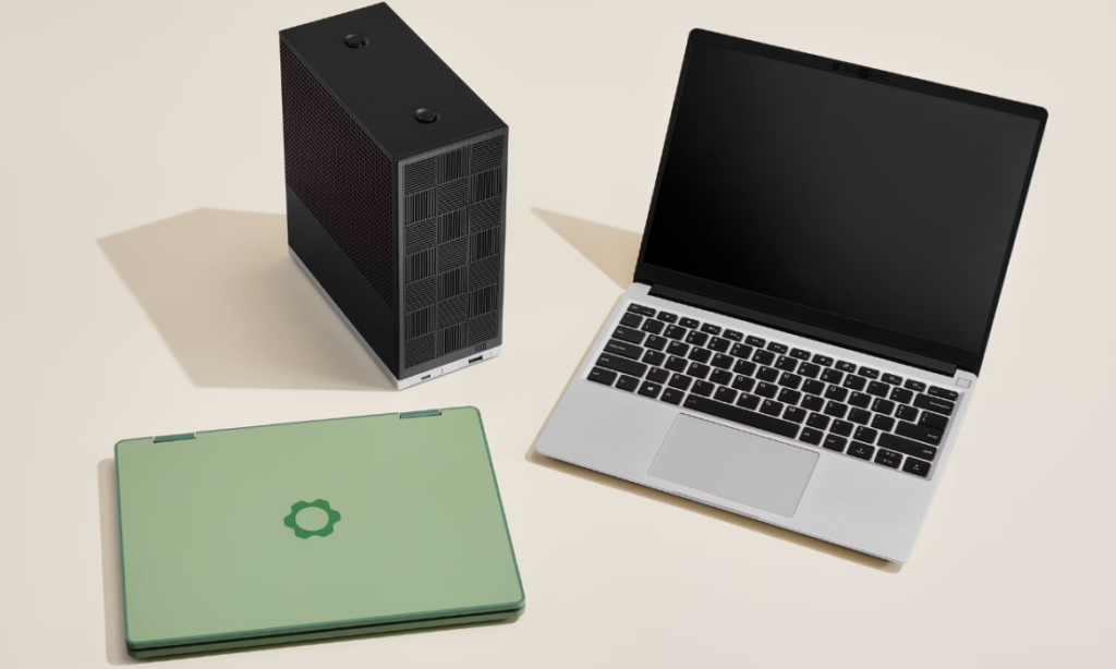 Framework Desktop and Laptop 12 showcasing modular design and compact form factor.