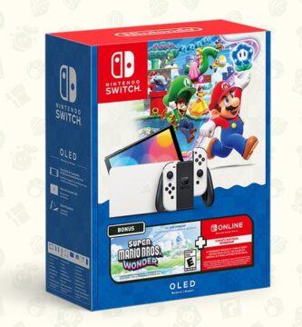 New Nintendo Switch bundle box featuring console, Joy-Cons, and game cover
