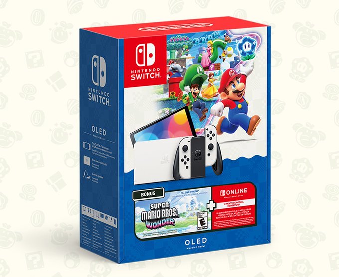 New Nintendo Switch bundle box featuring console, Joy-Cons, and game cover