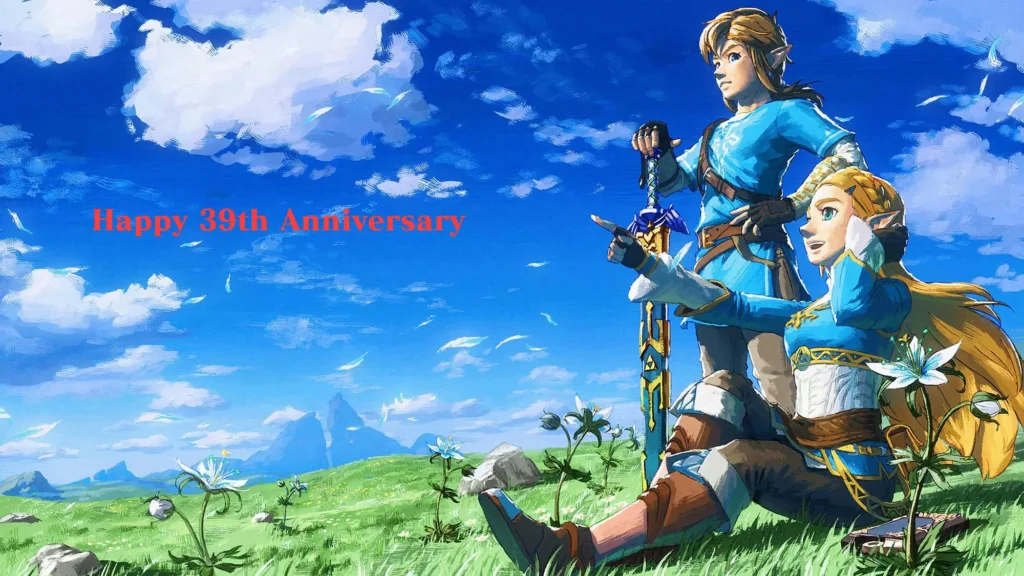 The Legend of Zelda 39th anniversary celebration with Link and Zelda artwork.