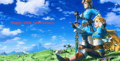 The Legend of Zelda 39th anniversary celebration with Link and Zelda artwork.