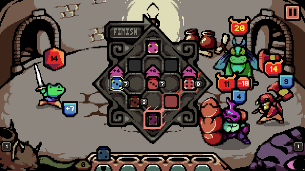 Die in the Dungeon gameplay featuring dice-based deck-building mechanics.