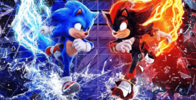 Sonic the Hedgehog 3 movie poster featuring Sonic, Tails, Knuckles, and other characters in an action-packed scene.