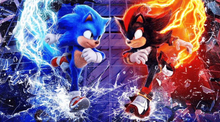 Sonic the Hedgehog 3 movie poster featuring Sonic, Tails, Knuckles, and other characters in an action-packed scene.