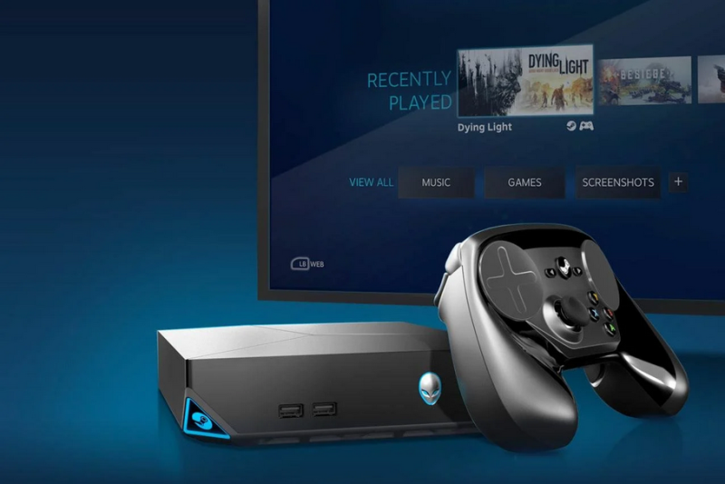 A sleek concept design of a new Steam Machine with AMD branding.