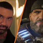 Dave Bautista wearing armor inspired by Gears of War, looking ready for battle.