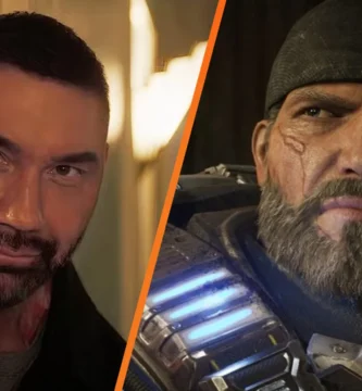 Dave Bautista wearing armor inspired by Gears of War, looking ready for battle.