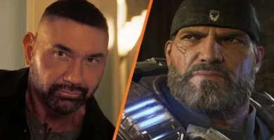 Dave Bautista wearing armor inspired by Gears of War, looking ready for battle.