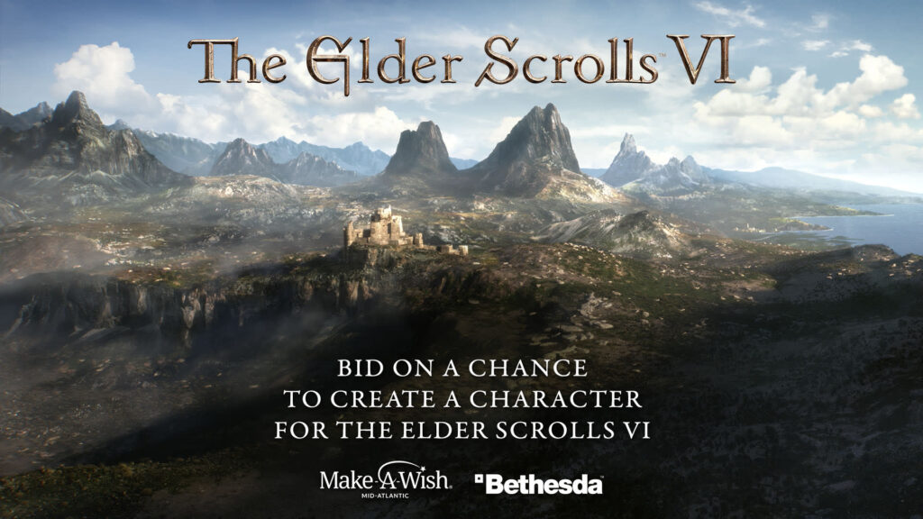 Screenshot of Bethesda’s Make-A-Wish charity auction page, showcasing exclusive experiences and in-game feature rewards.