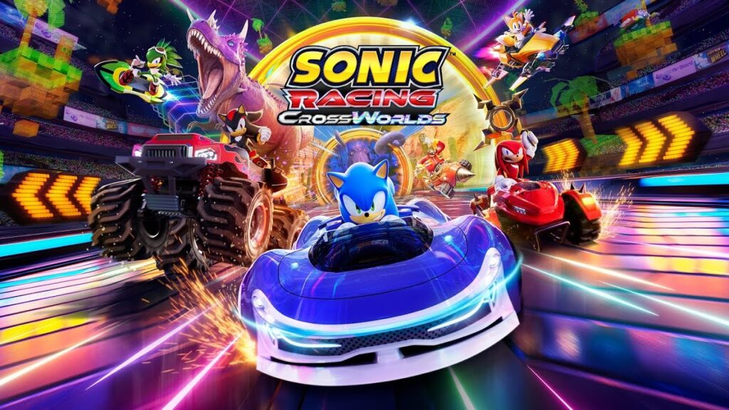 Sonic Racing: CrossWorlds gameplay screenshot showing high-speed hoverboard racing on a futuristic track.