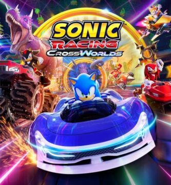 Sonic Racing: CrossWorlds gameplay screenshot showing high-speed hoverboard racing on a futuristic track.