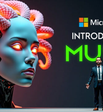 Microsoft CEO speaking at a conference with an AI and gaming theme in the background.
