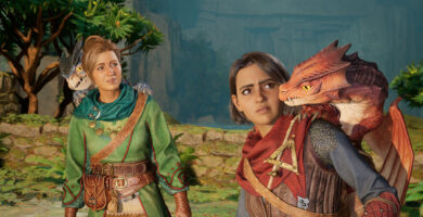 A dynamic split-screen gameplay scene from Split Fiction, showcasing two characters solving puzzles in parallel worlds.