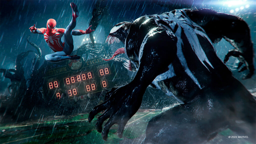 Screenshot of Marvel's Spider-Man 2 showcasing Spider-Man swinging