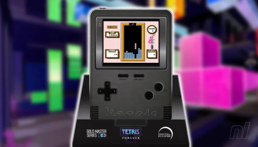 Tetris Forever Collector’s Edition handheld console featuring classic Tetris gameplay.