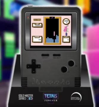 Tetris Forever Collector’s Edition handheld console featuring classic Tetris gameplay.