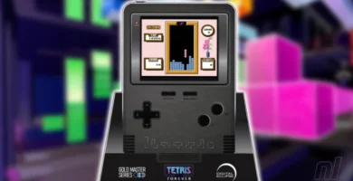 Tetris Forever Collector’s Edition handheld console featuring classic Tetris gameplay.