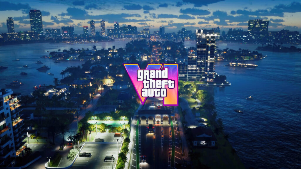 Grand Theft Auto VI logo with a city skyline in the background