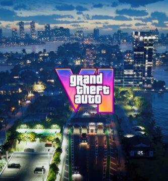 Grand Theft Auto VI logo with a city skyline in the background