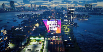 Grand Theft Auto VI logo with a city skyline in the background