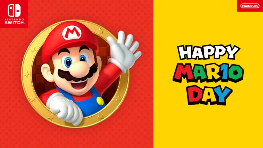 Collage of discounted Mario games available for MAR10 Day 2025