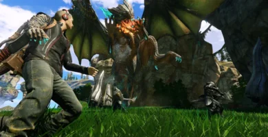 Scalebound game concept art featuring a dragon and protagonist in action