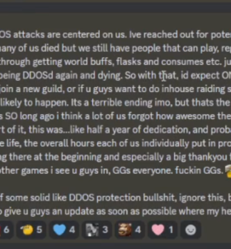 OnlyFangs World of Warcraft guild disbanding due to DDoS attacks.