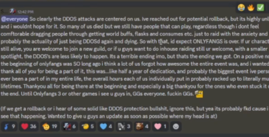 OnlyFangs World of Warcraft guild disbanding due to DDoS attacks.