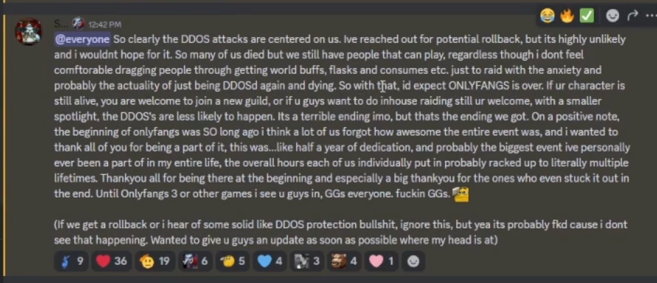 OnlyFangs World of Warcraft guild disbanding due to DDoS attacks.