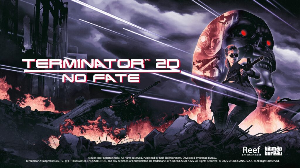 Screenshot of Terminator 2D: No Fate – A fast-paced run & gun action scene with pixelated Terminator characters.