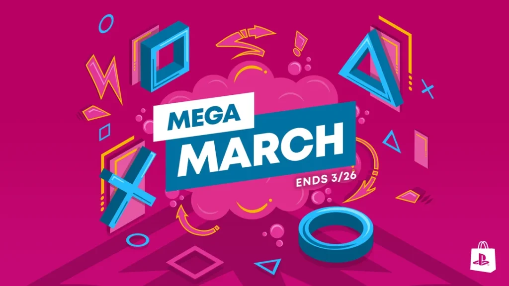 PlayStation Mega March Sale banner showcasing discounted PS5 and PS4 games