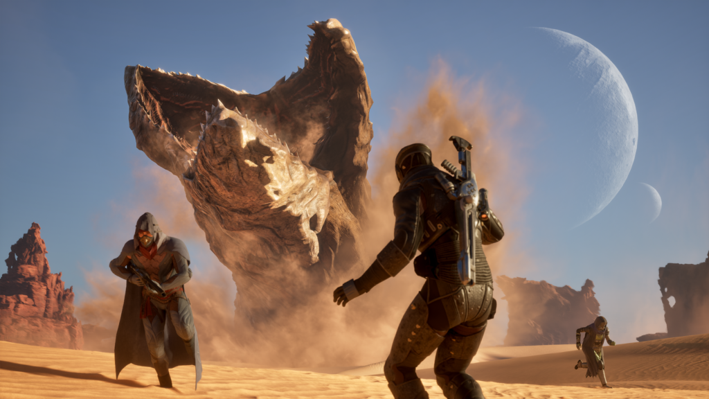 Dune: Awakening key art featuring Arrakis, a sandworm, and a lone figure in a stillsuit.
