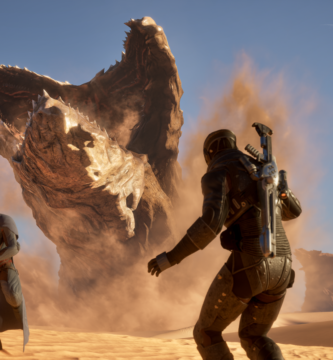 Dune: Awakening key art featuring Arrakis, a sandworm, and a lone figure in a stillsuit.