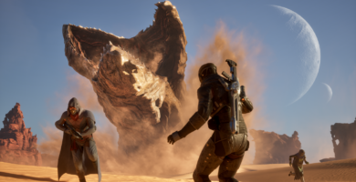 Dune: Awakening key art featuring Arrakis, a sandworm, and a lone figure in a stillsuit.