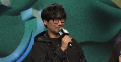 Hideo Kojima on stage at SXSW 2025 revealing the new Death Stranding 2 trailer.