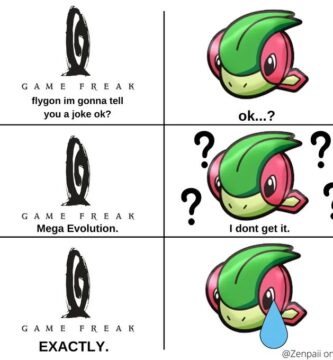 A meme featuring Flygon reacting to the absence of Mega Evolution in Pokemon games.
