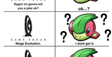 A meme featuring Flygon reacting to the absence of Mega Evolution in Pokemon games.
