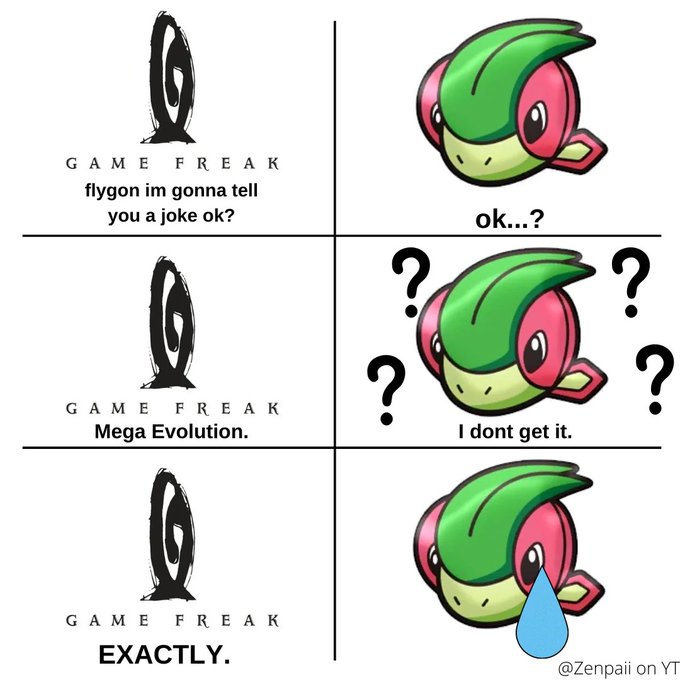 A meme featuring Flygon reacting to the absence of Mega Evolution in Pokemon games.
