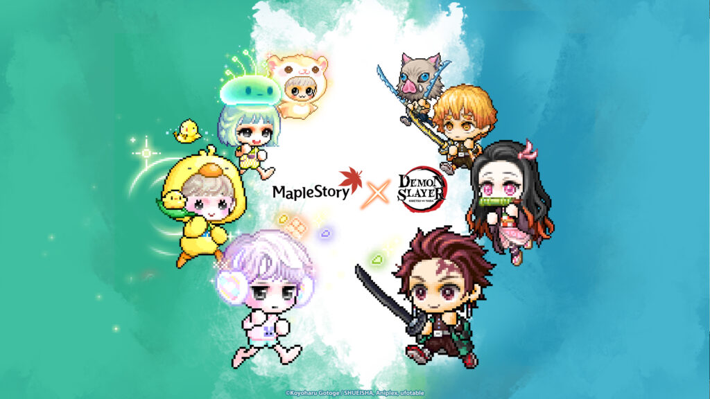 Tanjiro, Nezuko, Zenitsu, and Inosuke standing in Maple World during the MapleStory Demon Slayer crossover event.