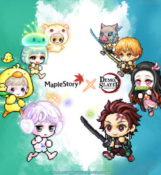 Tanjiro, Nezuko, Zenitsu, and Inosuke standing in Maple World during the MapleStory Demon Slayer crossover event.