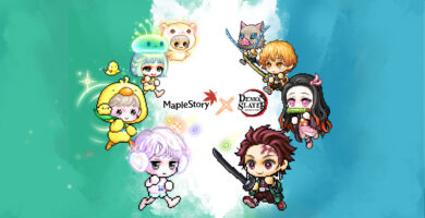 Tanjiro, Nezuko, Zenitsu, and Inosuke standing in Maple World during the MapleStory Demon Slayer crossover event.