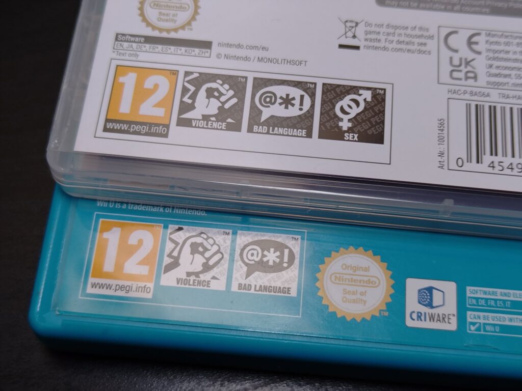 Close-up of PEGI warning labels on Xenoblade Chronicles X Switch game case