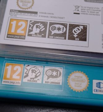 Close-up of PEGI warning labels on Xenoblade Chronicles X Switch game case