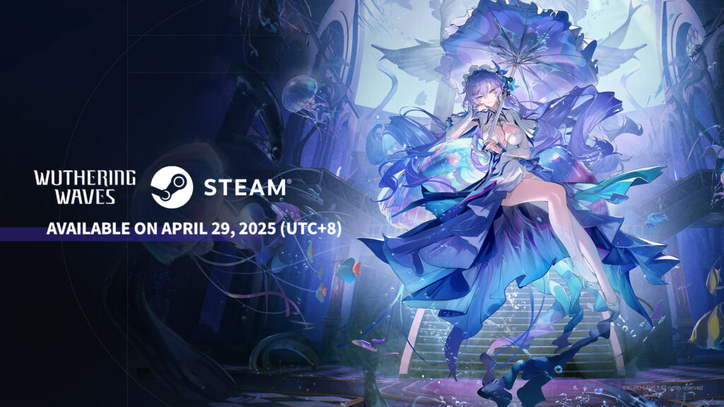 WuWa Steam release date announcement with main characters in a futuristic battle scene