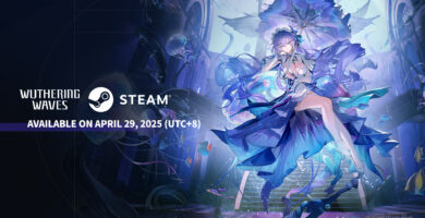 WuWa Steam release date announcement with main characters in a futuristic battle scene